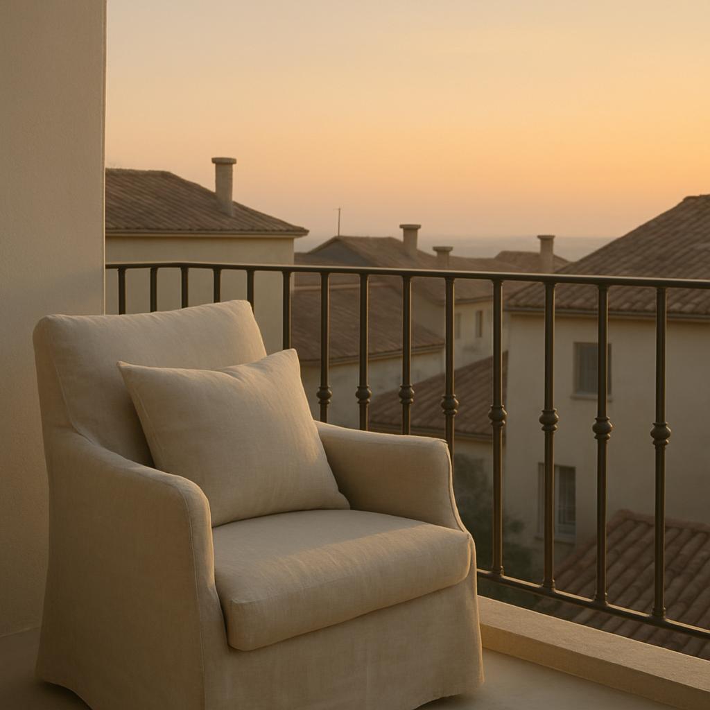 A cozy cream armchair with matching pillow sits on a balcony with a railing, overlooking rooftops and a sunset sky.